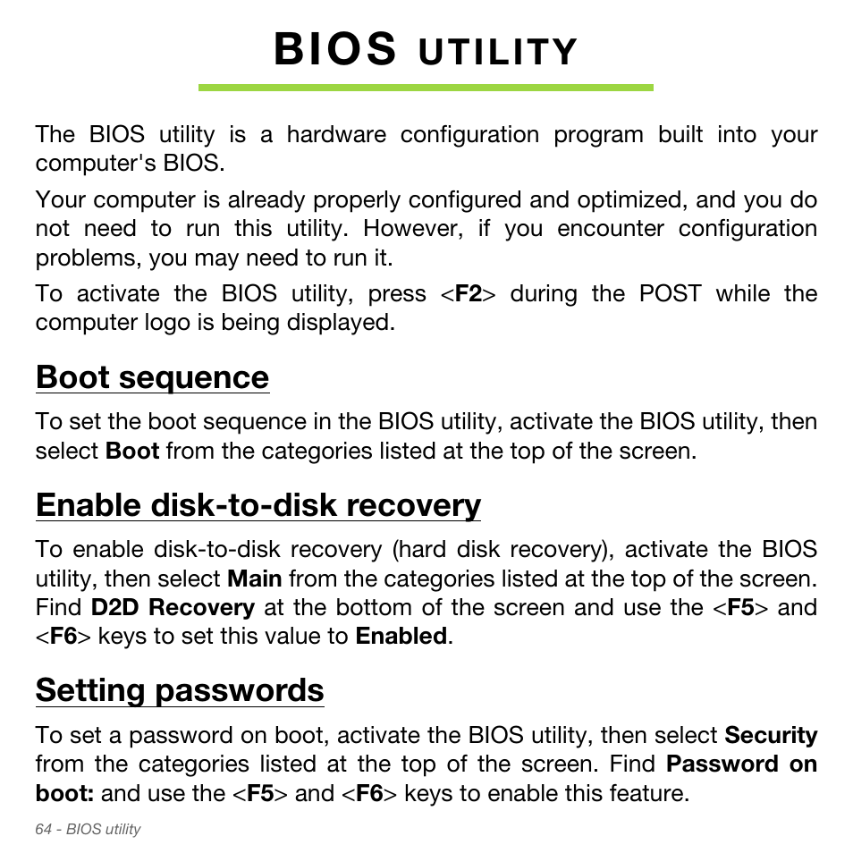 Bios utility, Boot sequence, Enable disk-to-disk recovery | Setting passwords, Enable disk-to-disk recovery setting passwords, B i o s | Acer Aspire S3-951 User Manual | Page 64 / 78