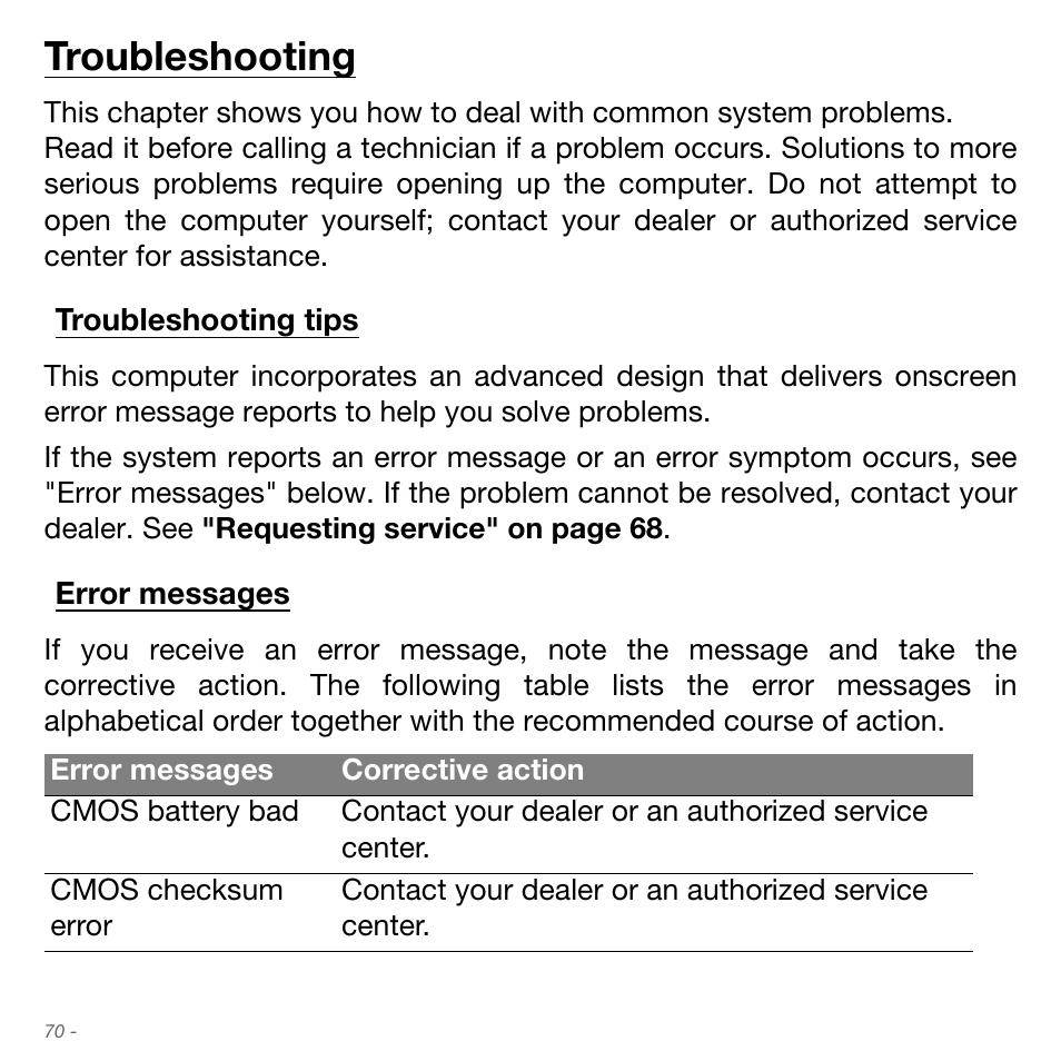 Troubleshooting, Troubleshooting tips, Error messages | Troubleshooting tips error messages | Acer Aspire S3-951 User Manual | Page 70 / 78