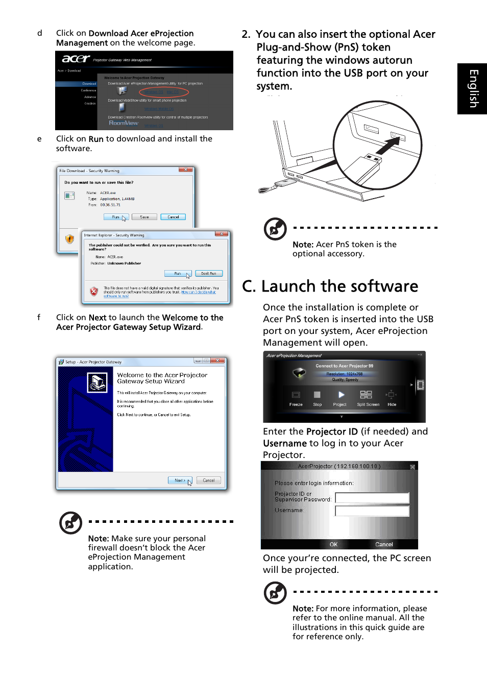 C. launch the software, English | Acer U5200 User Manual | Page 2 / 2