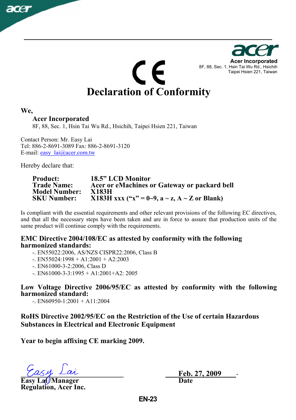 Declaration of conformity | Acer X183HV User Manual | Page 24 / 25