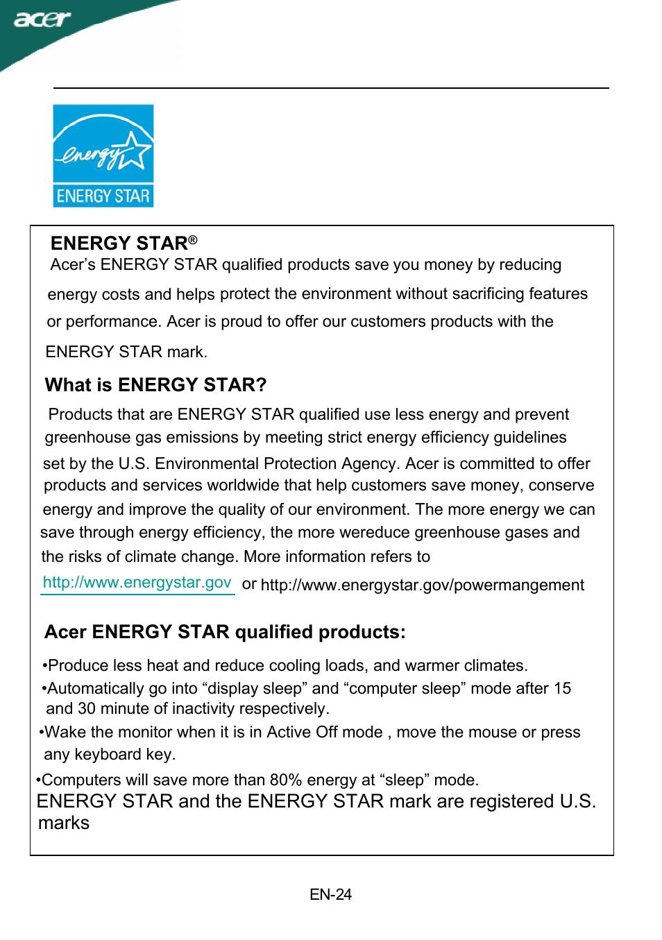 Energy star, What is energy star, Acer energy star qualified products | Marks | Acer X183HV User Manual | Page 25 / 25