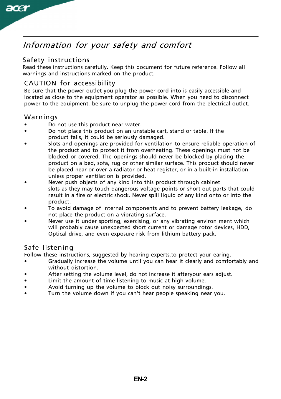 Information for your safety and, Comfort | Acer X183HV User Manual | Page 3 / 25