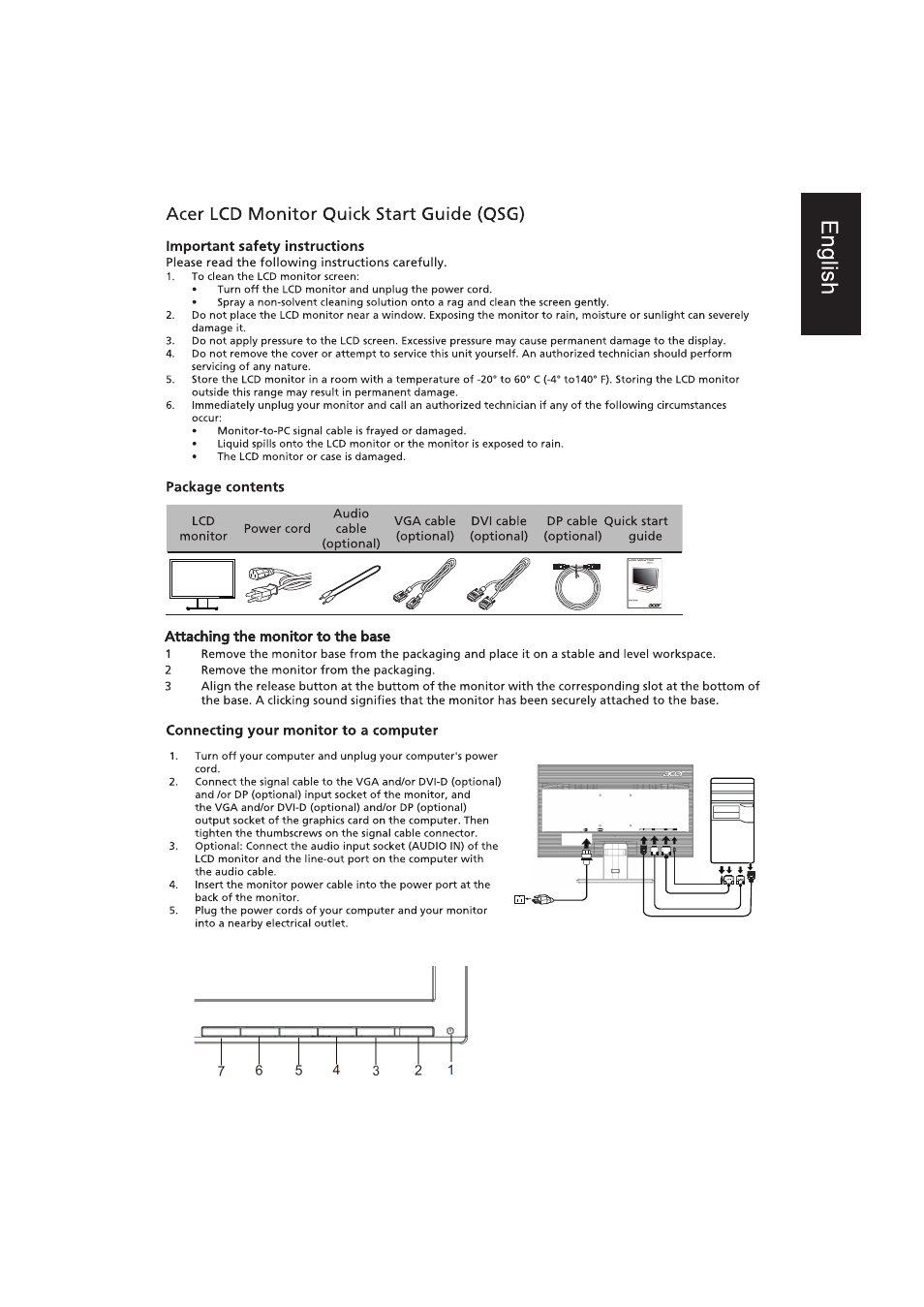 Important safety instructions, Package contents, Attaching the monitor to the base | Connecting your monitor to a computer, Acer lcd monitor quick start guide (qsg) | Acer V246HL User Manual | Page 2 / 5