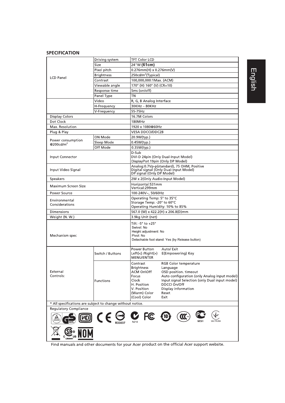 Specification | Acer V246HL User Manual | Page 5 / 5