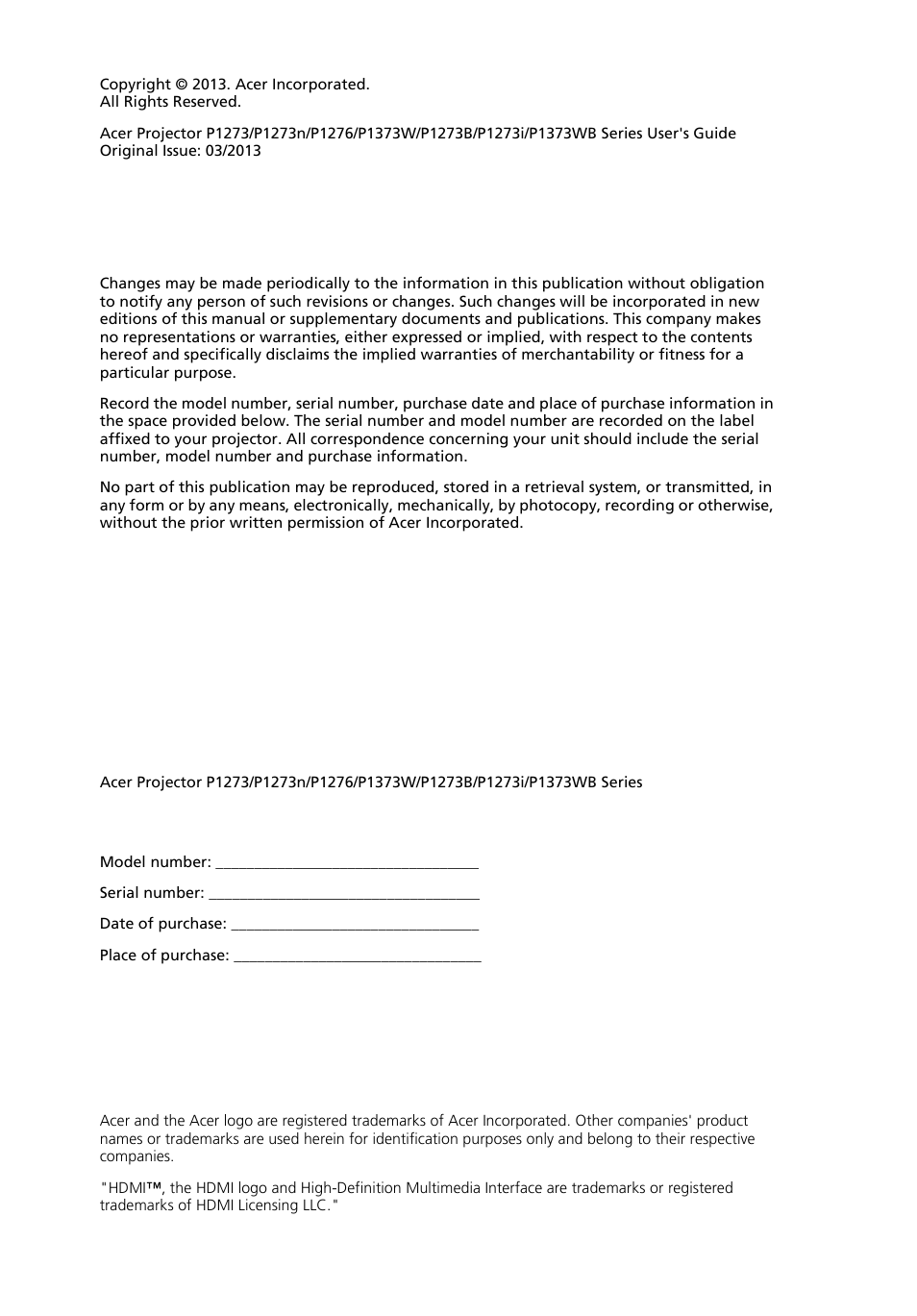 Acer P1273 User Manual | Page 2 / 69