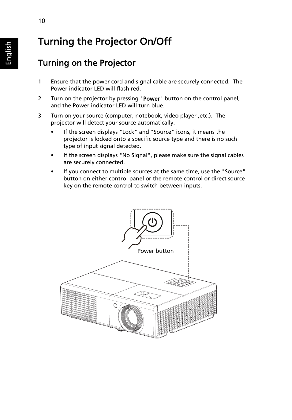 Turning the projector on/off, Turning on the projector, English | Power button | Acer P1273 User Manual | Page 20 / 69