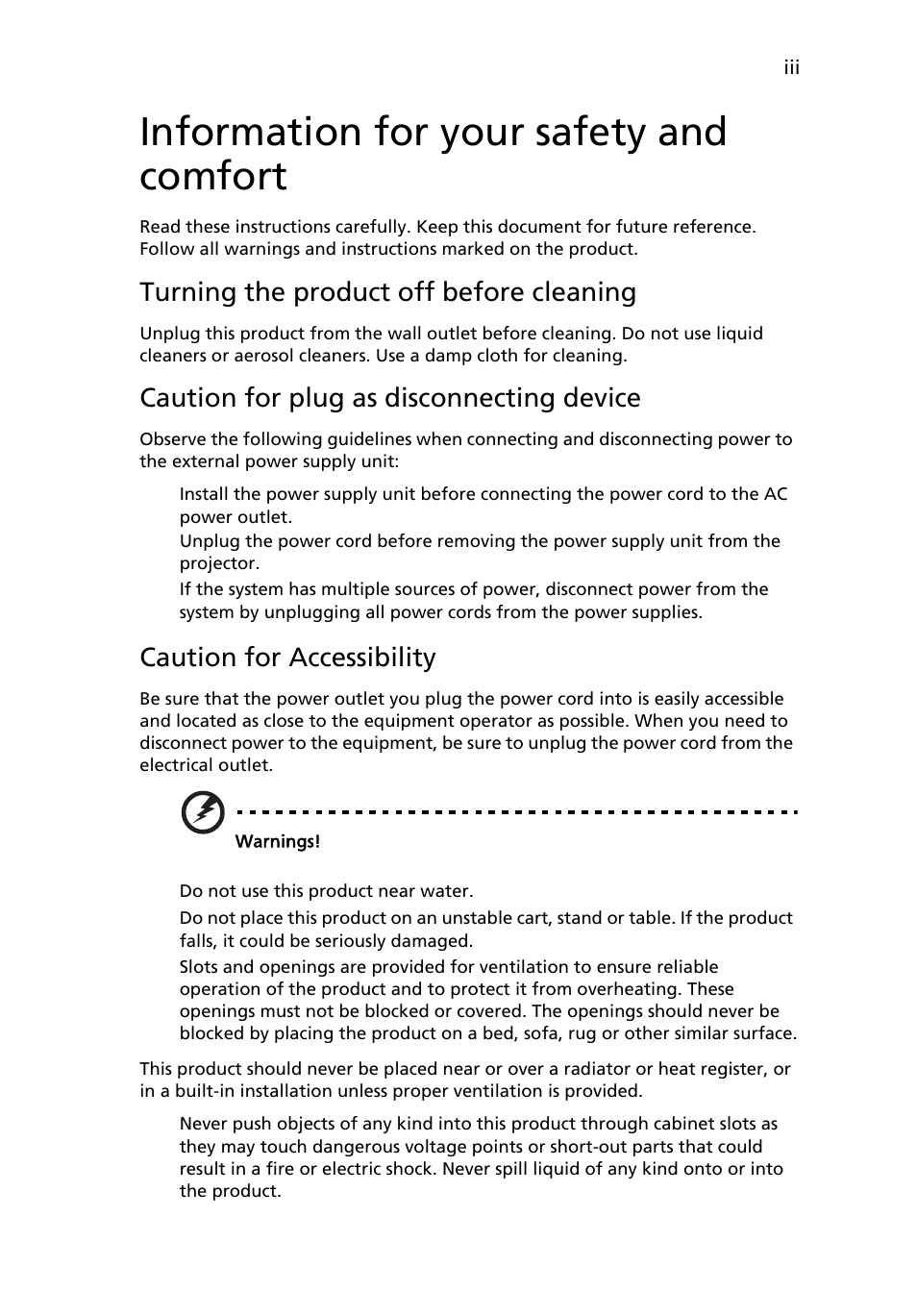 Information for your safety and comfort, Turning the product off before cleaning, Caution for plug as disconnecting device | Caution for accessibility | Acer P1273 User Manual | Page 3 / 69
