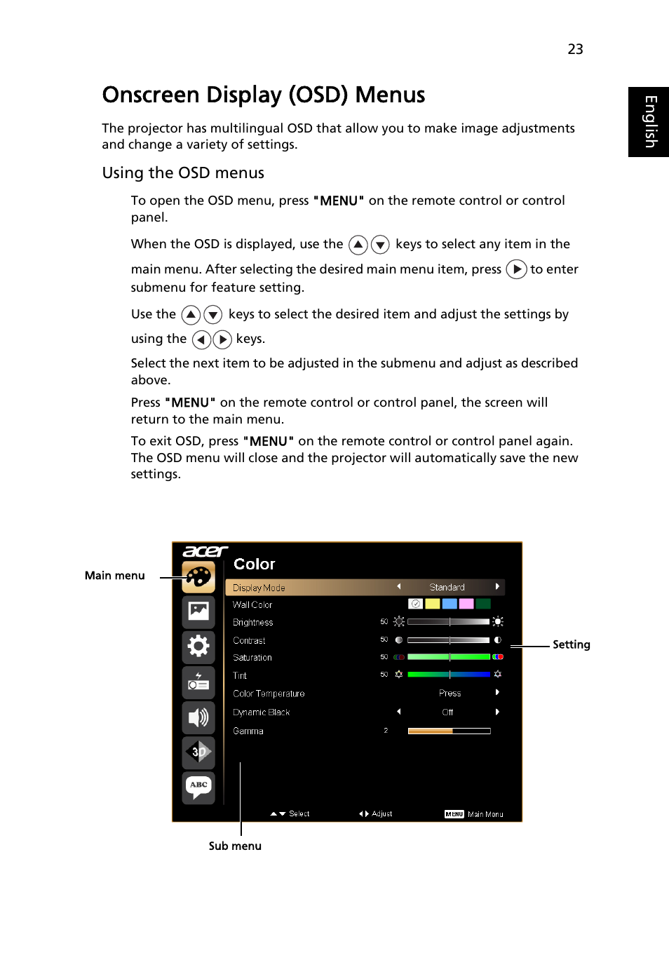 Onscreen display (osd) menus | Acer P1273 User Manual | Page 33 / 69