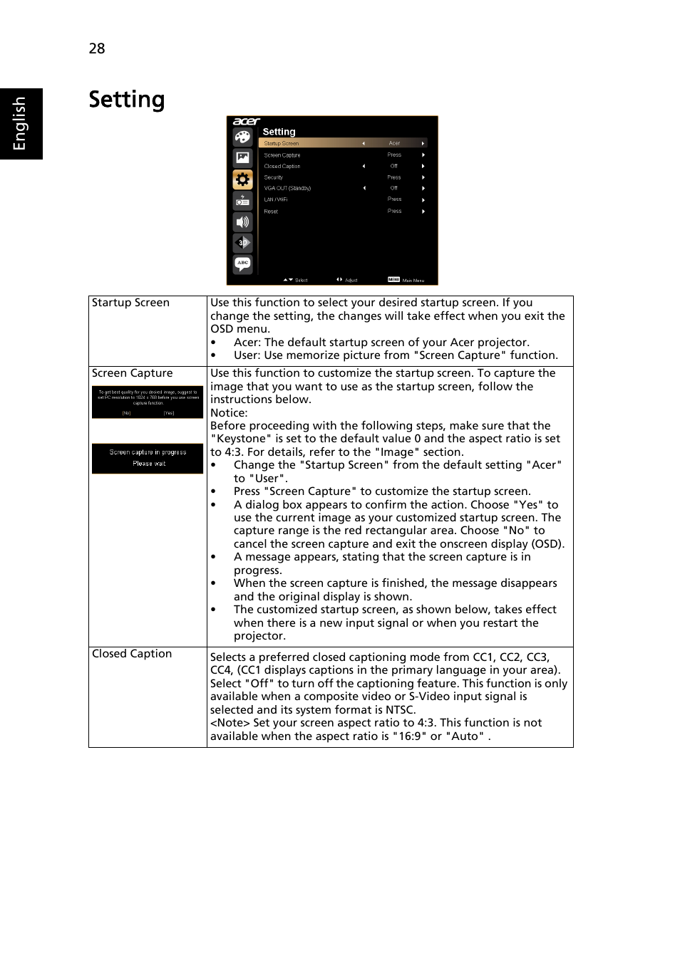Setting, English | Acer P1273 User Manual | Page 38 / 69