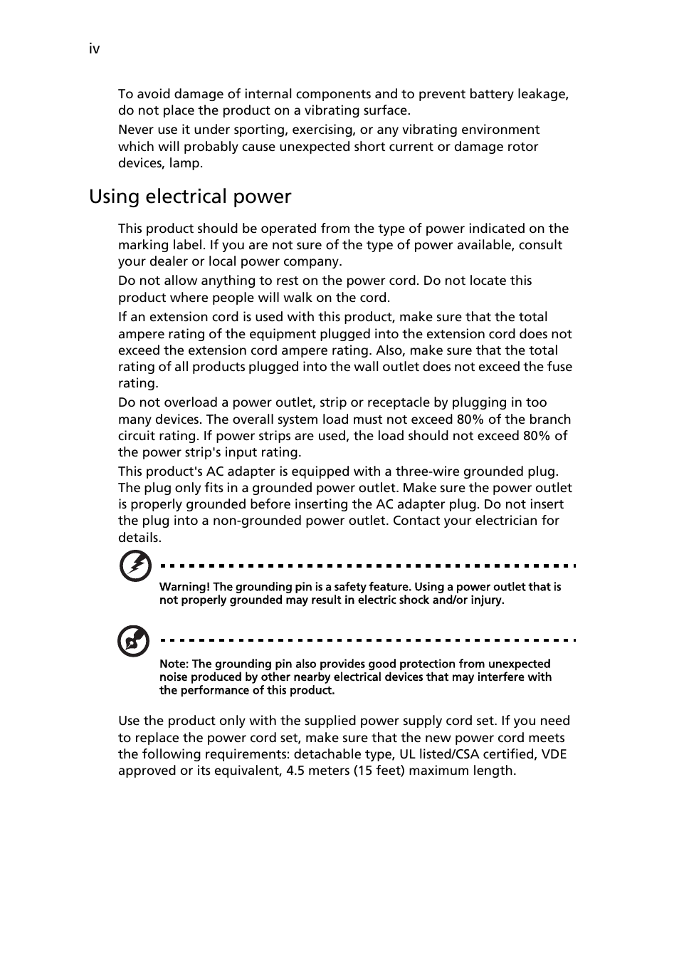 Using electrical power | Acer P1273 User Manual | Page 4 / 69
