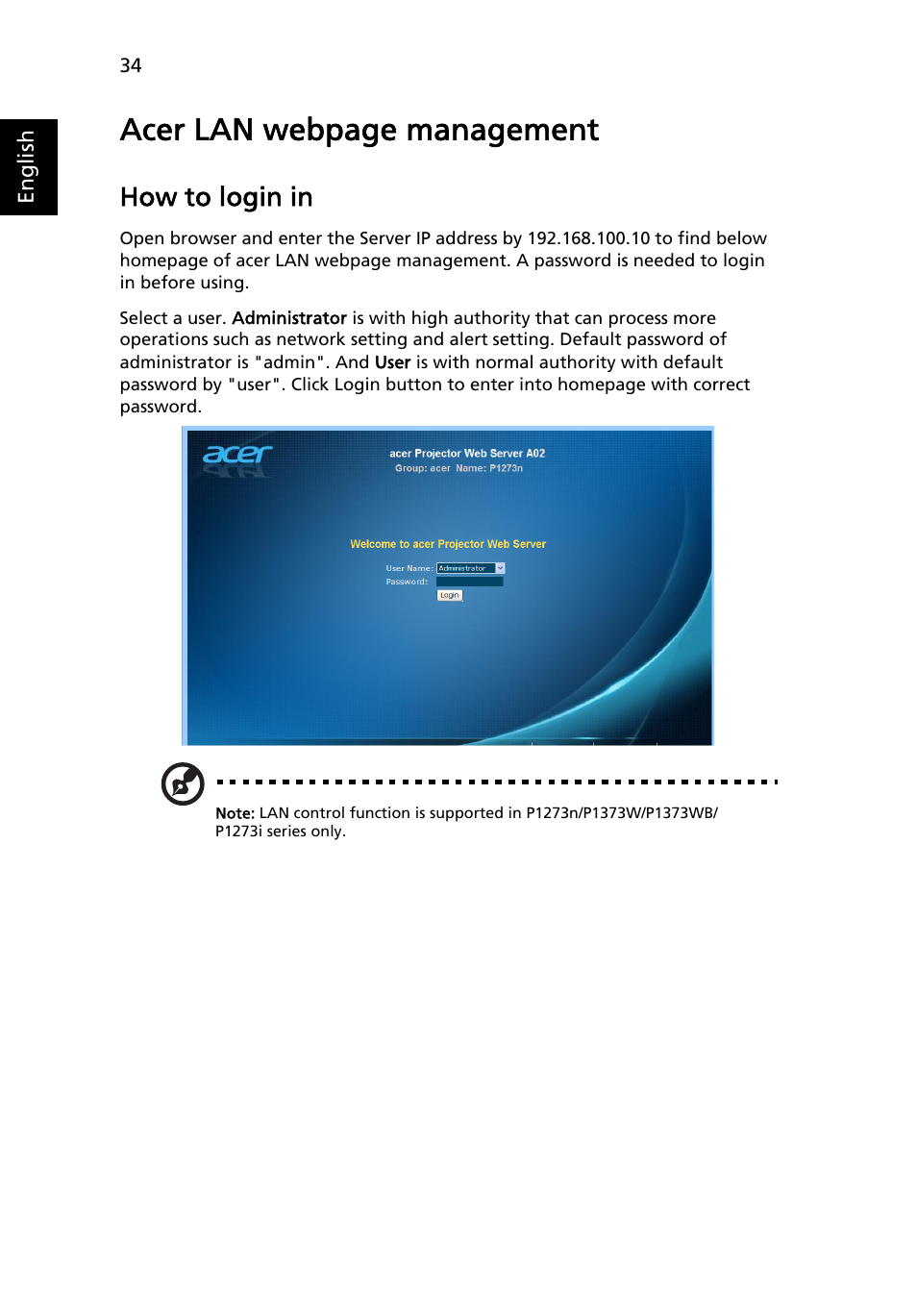 How to login in, Acer lan webpage management | Acer P1273 User Manual | Page 44 / 69