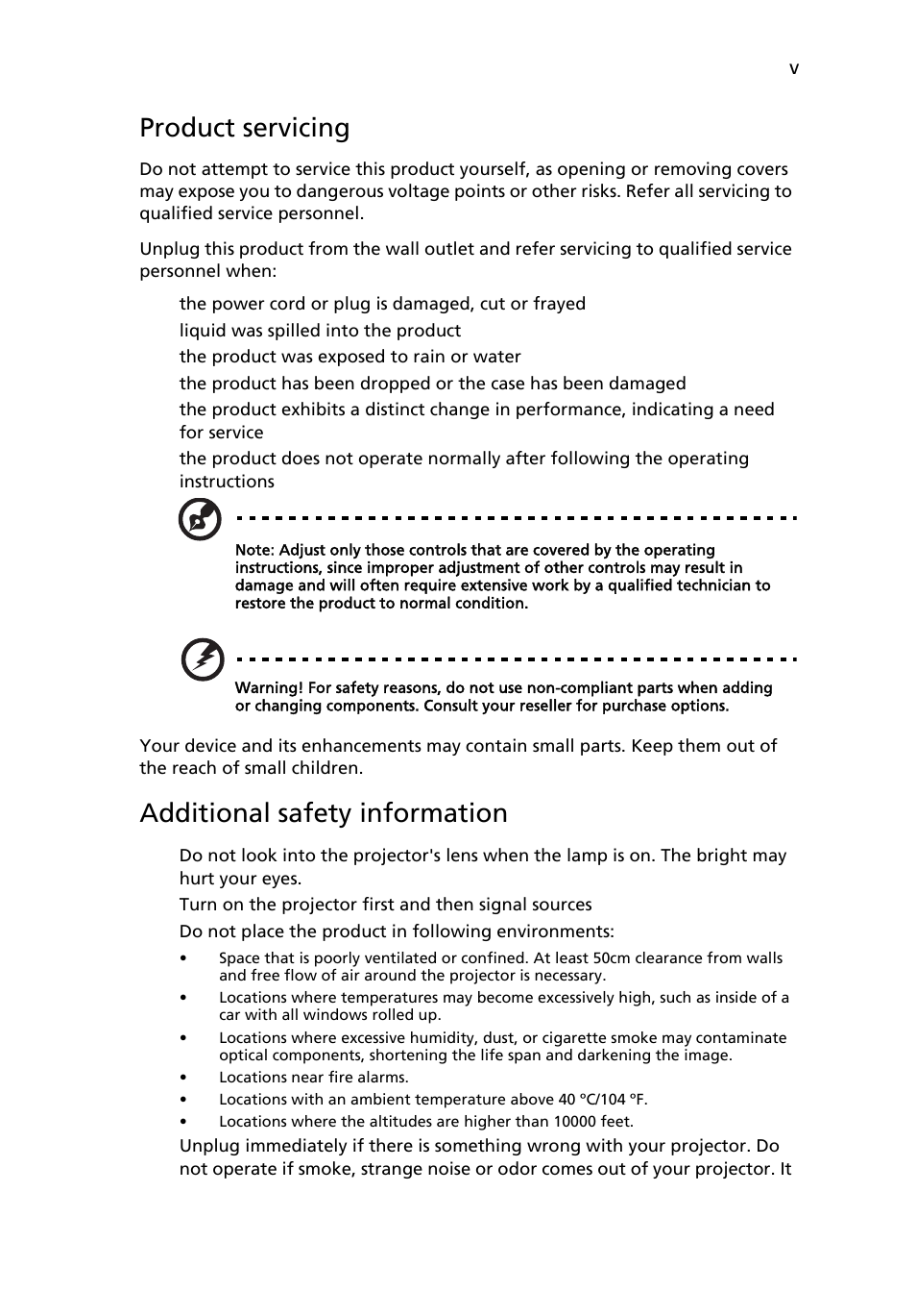 Product servicing, Additional safety information | Acer P1273 User Manual | Page 5 / 69