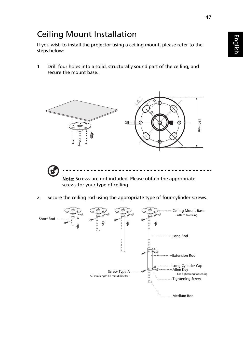 Ceiling mount installation, Eng lis h | Acer P1273 User Manual | Page 57 / 69