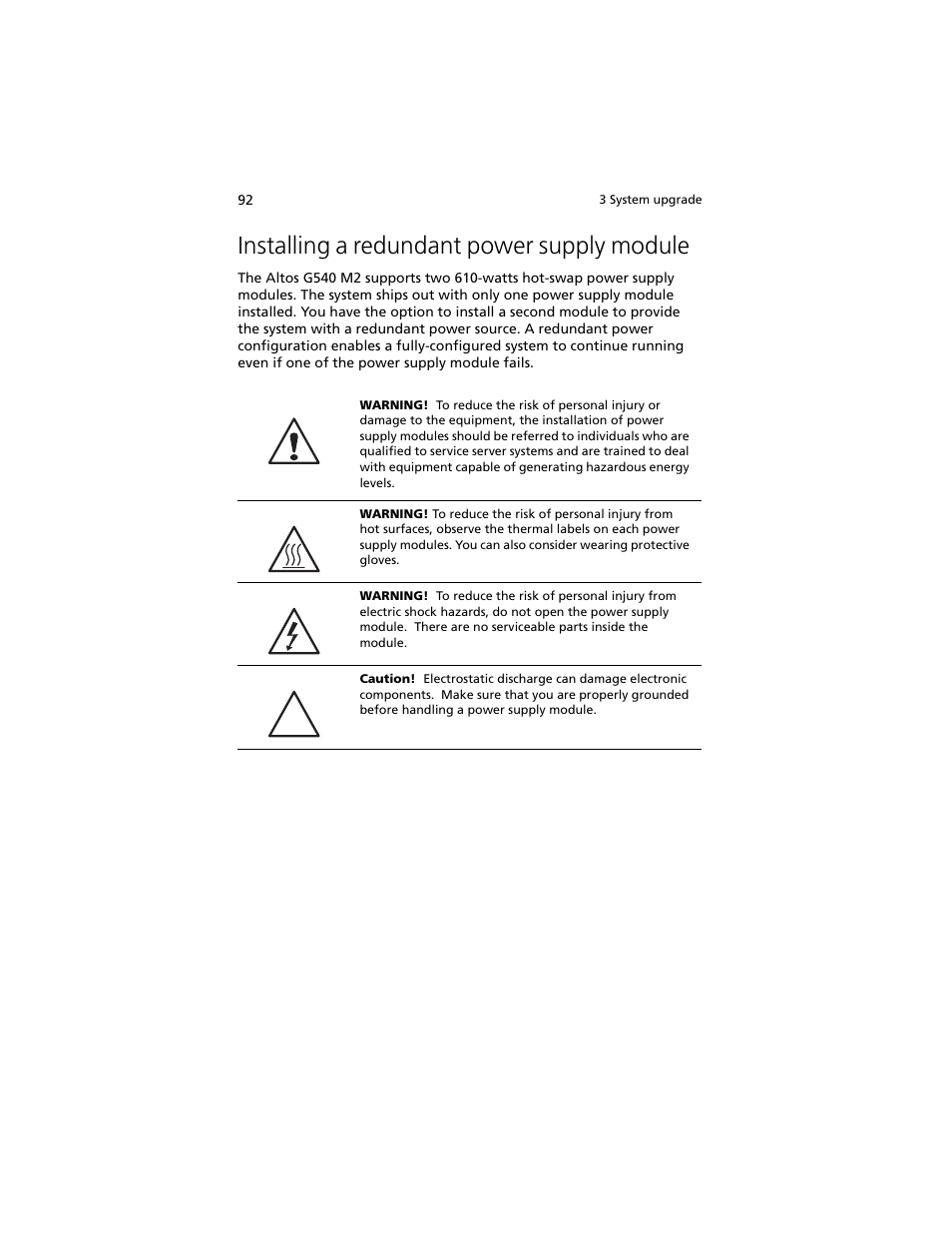 Installing a redundant power supply module | Acer Altos G540 M2 User Manual | Page 102 / 221