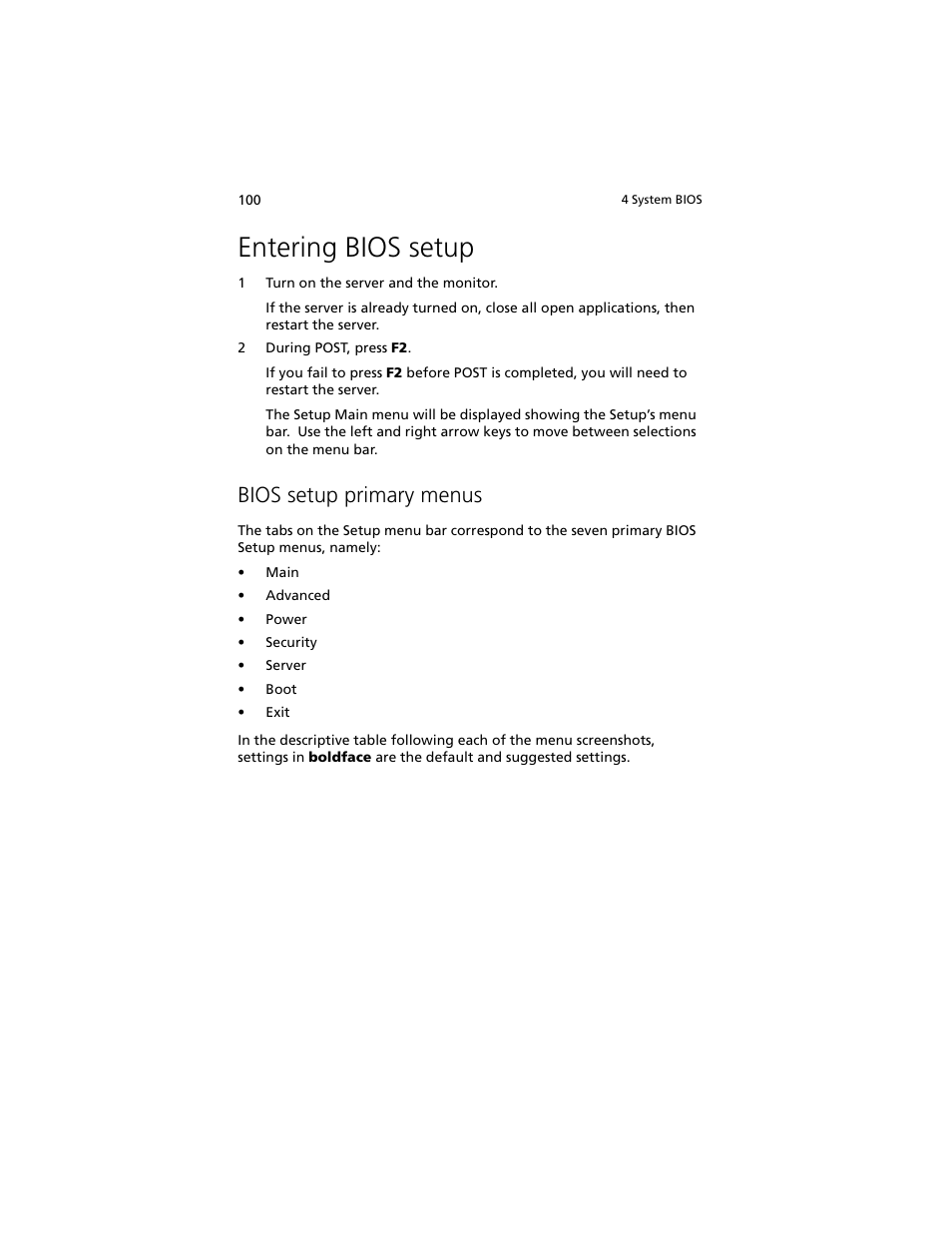 Entering bios setup, Bios setup primary menus | Acer Altos G540 M2 User Manual | Page 108 / 221