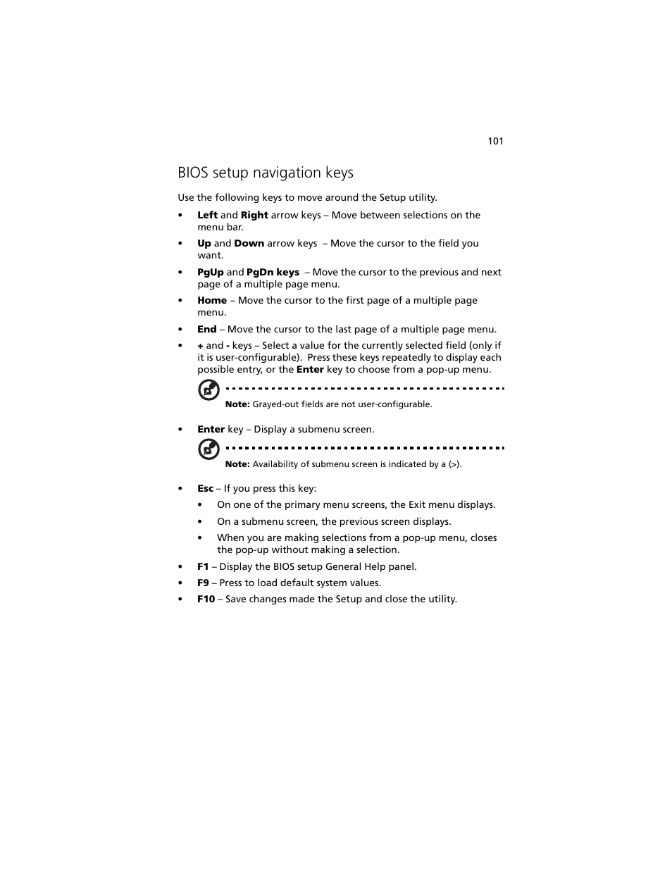 Bios setup navigation keys | Acer Altos G540 M2 User Manual | Page 109 / 221