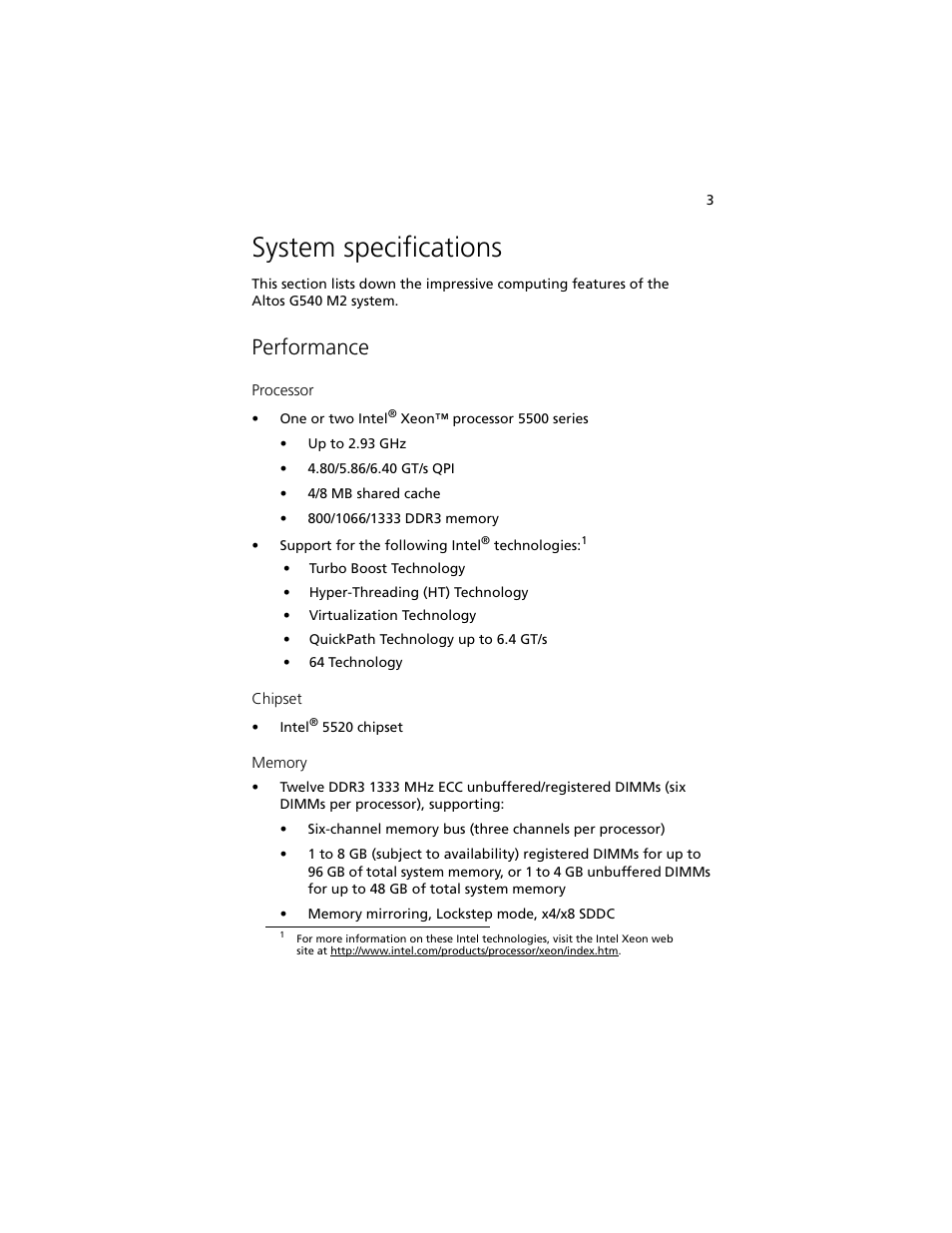 System specifications, Performance | Acer Altos G540 M2 User Manual | Page 13 / 221