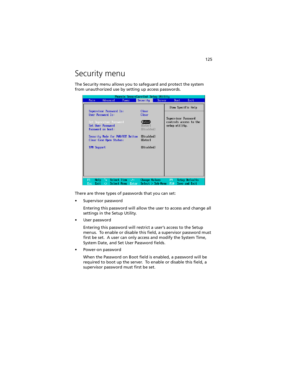 Security menu | Acer Altos G540 M2 User Manual | Page 133 / 221