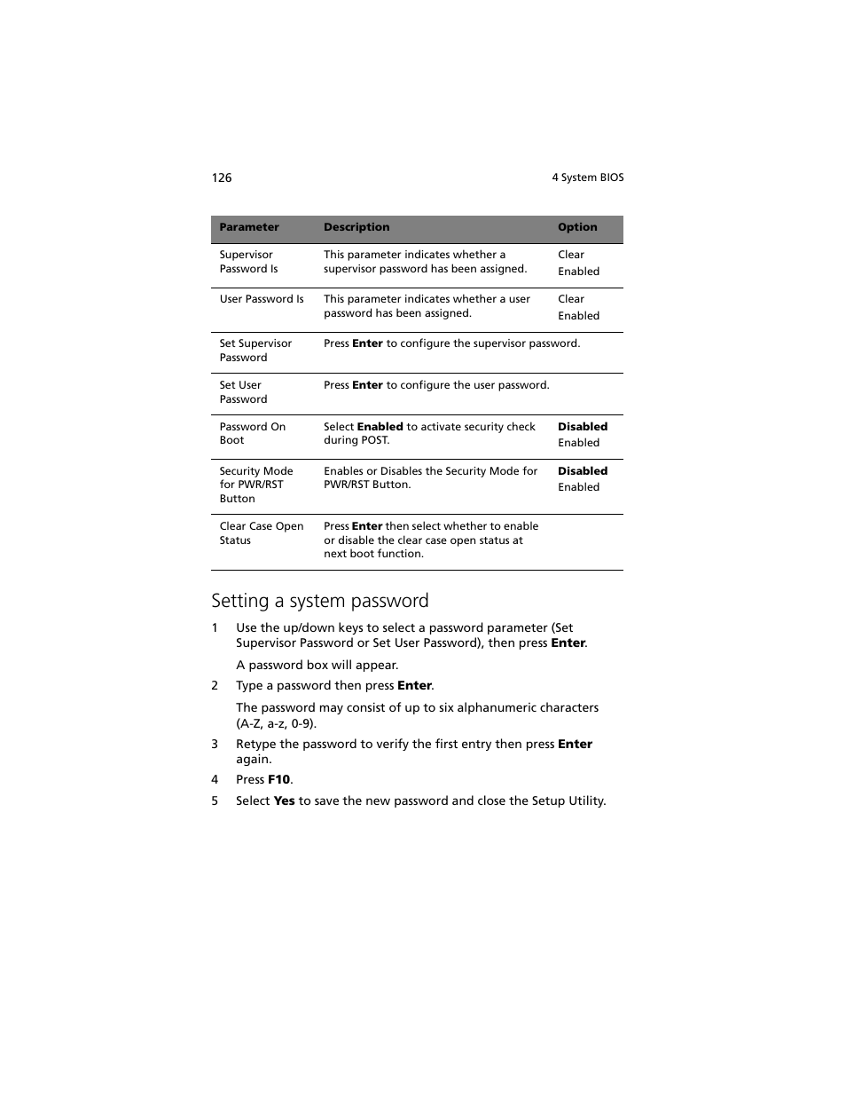 Setting a system password | Acer Altos G540 M2 User Manual | Page 134 / 221