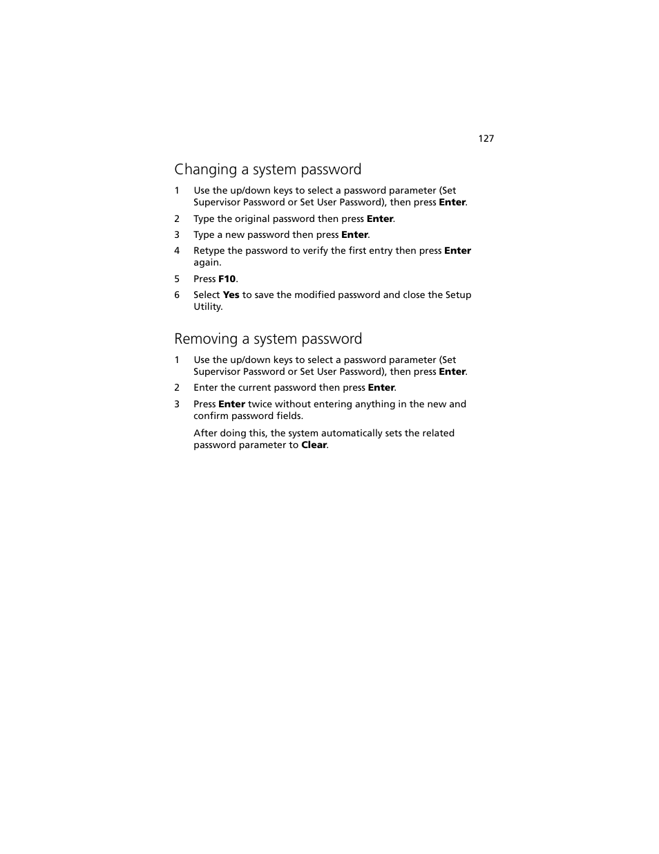 Changing a system password, Removing a system password | Acer Altos G540 M2 User Manual | Page 135 / 221