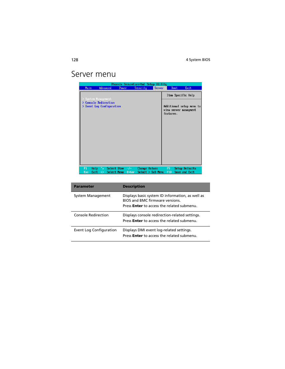 Server menu | Acer Altos G540 M2 User Manual | Page 136 / 221