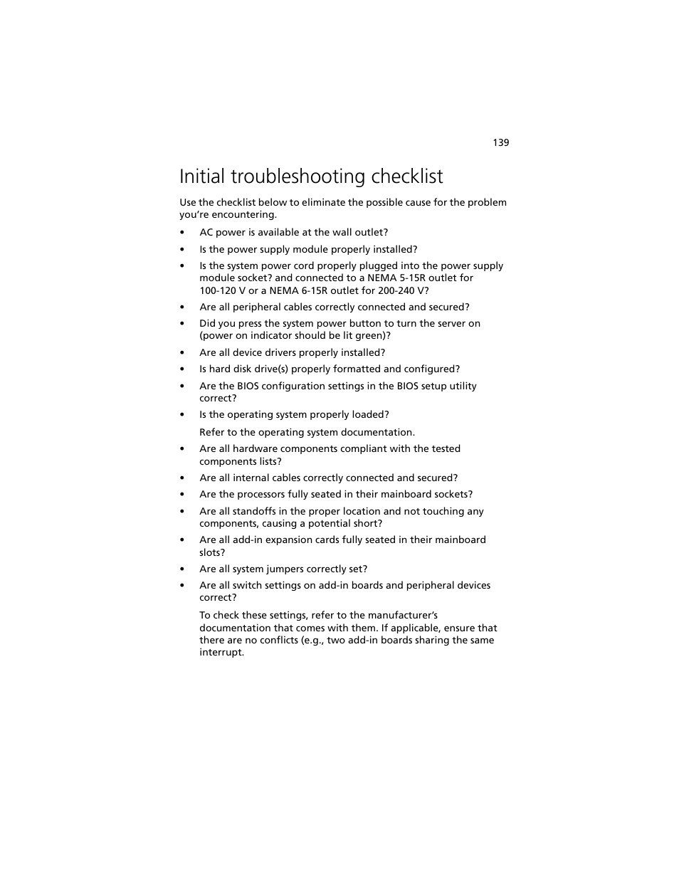 Initial troubleshooting checklist | Acer Altos G540 M2 User Manual | Page 147 / 221