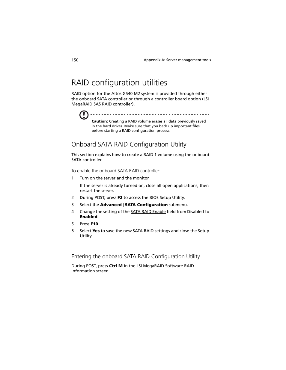 Raid configuration utilities, Onboard sata raid configuration utility | Acer Altos G540 M2 User Manual | Page 158 / 221
