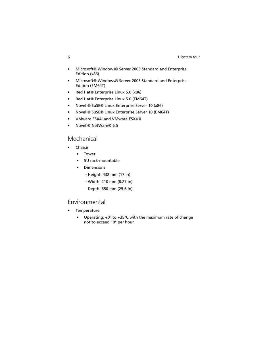 Mechanical, Environmental, Mechanical 6 environmental 6 | Acer Altos G540 M2 User Manual | Page 16 / 221