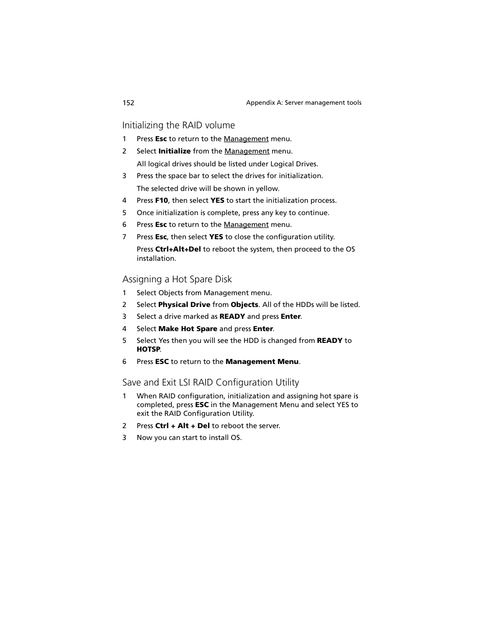Initializing the raid volume, Assigning a hot spare disk, Save and exit lsi raid configuration utility | Acer Altos G540 M2 User Manual | Page 160 / 221