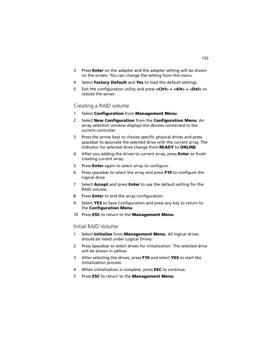 Creating a raid volume, Initial raid volume | Acer Altos G540 M2 User Manual | Page 163 / 221