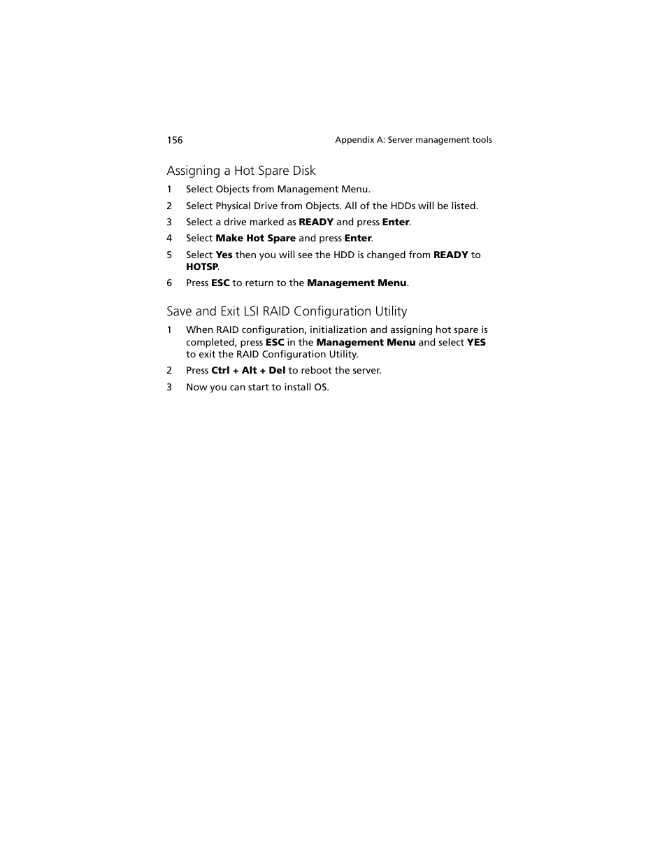 Assigning a hot spare disk, Save and exit lsi raid configuration utility | Acer Altos G540 M2 User Manual | Page 164 / 221