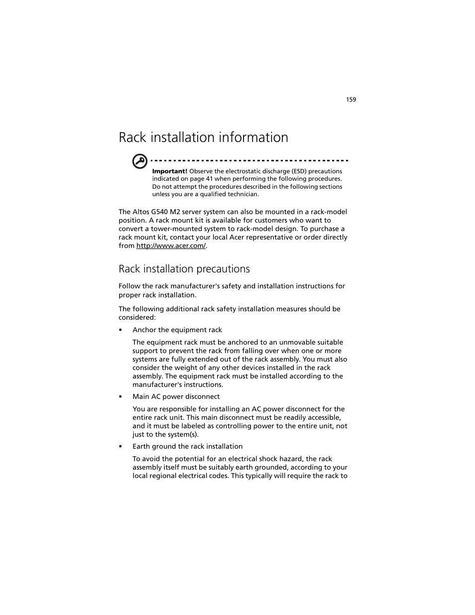 Rack installation information, Rack installation precautions | Acer Altos G540 M2 User Manual | Page 167 / 221