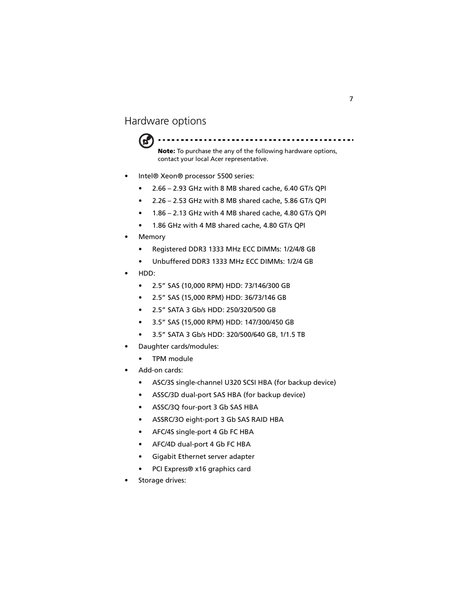 Hardware options | Acer Altos G540 M2 User Manual | Page 17 / 221