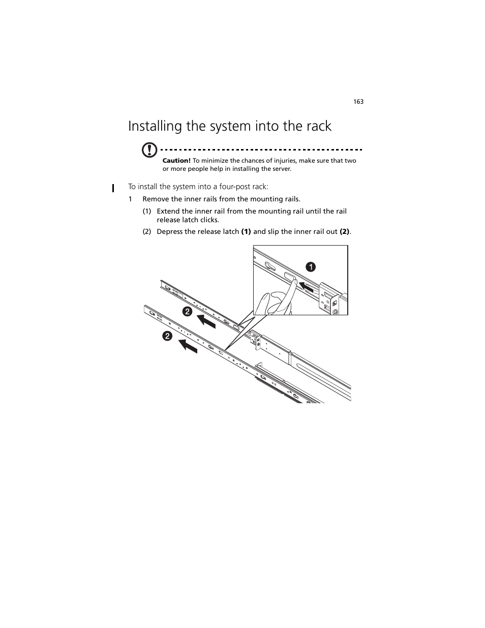 Installing the system into the rack | Acer Altos G540 M2 User Manual | Page 171 / 221