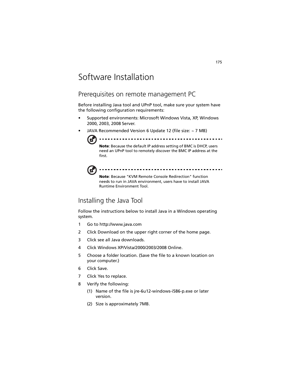 Software installation, Prerequisites on remote management pc, Installing the java tool | Acer Altos G540 M2 User Manual | Page 183 / 221