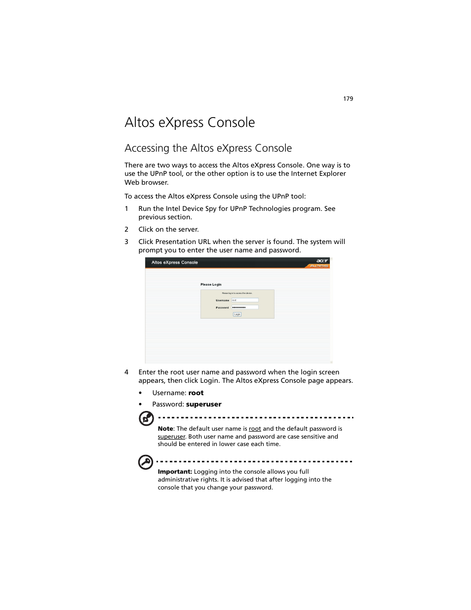 Altos express console, Accessing the altos express console | Acer Altos G540 M2 User Manual | Page 187 / 221