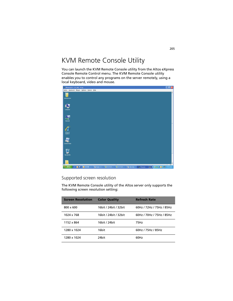 Kvm remote console utility, Supported screen resolution | Acer Altos G540 M2 User Manual | Page 213 / 221