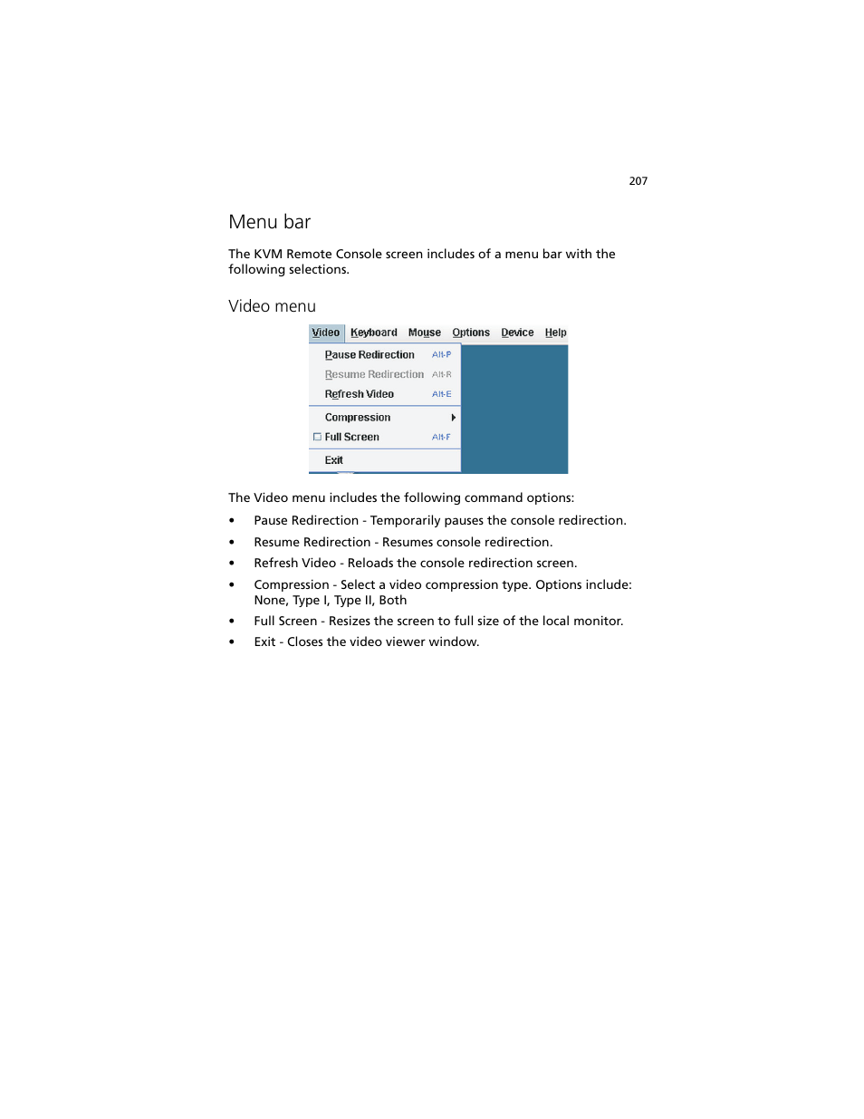 Menu bar, Video menu | Acer Altos G540 M2 User Manual | Page 215 / 221