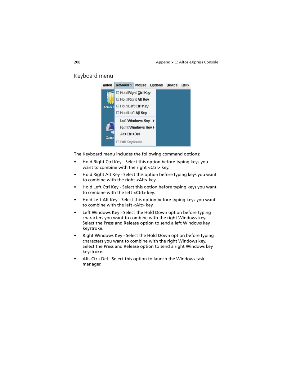 Keyboard menu | Acer Altos G540 M2 User Manual | Page 216 / 221