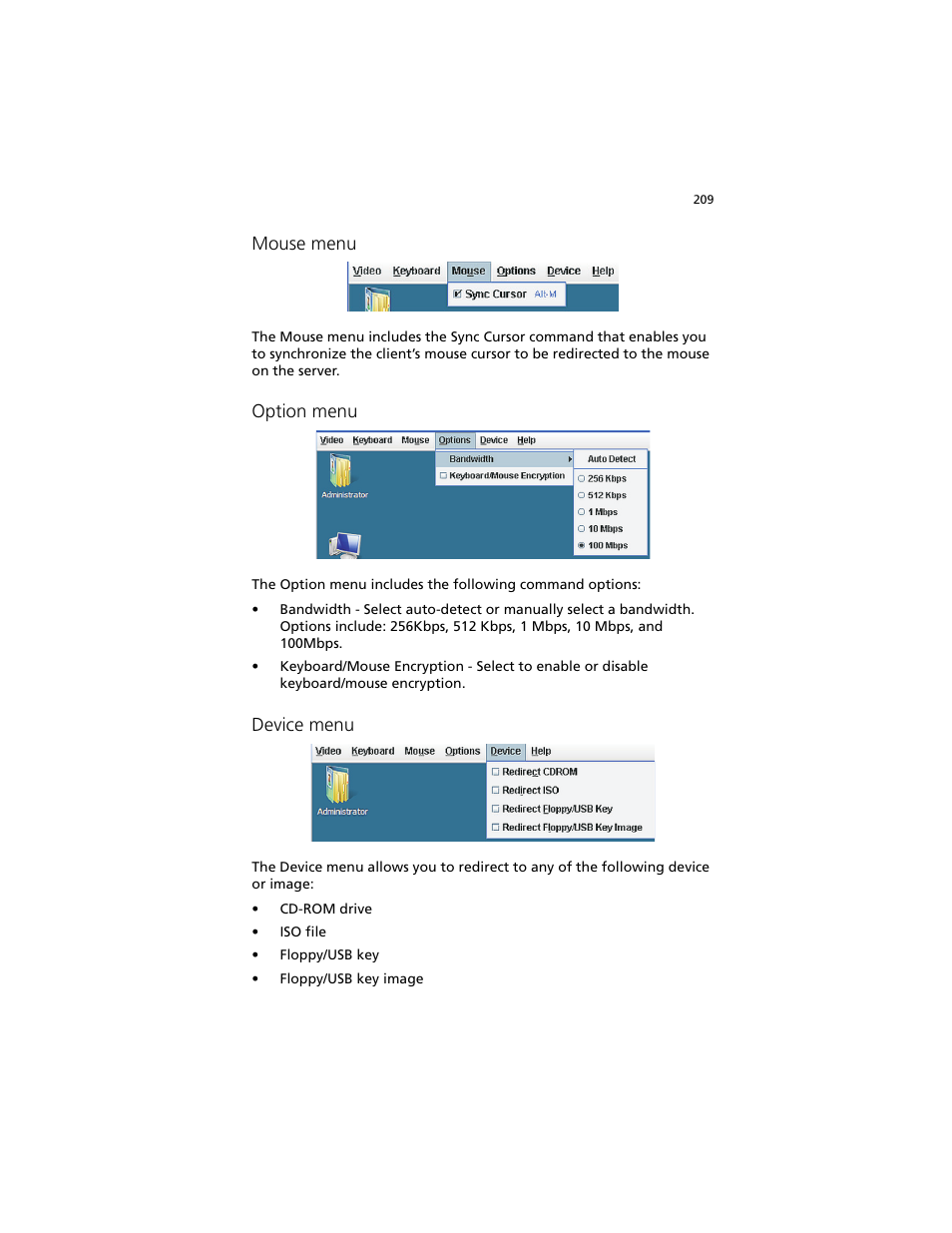 Mouse menu, Option menu, Device menu | Acer Altos G540 M2 User Manual | Page 217 / 221