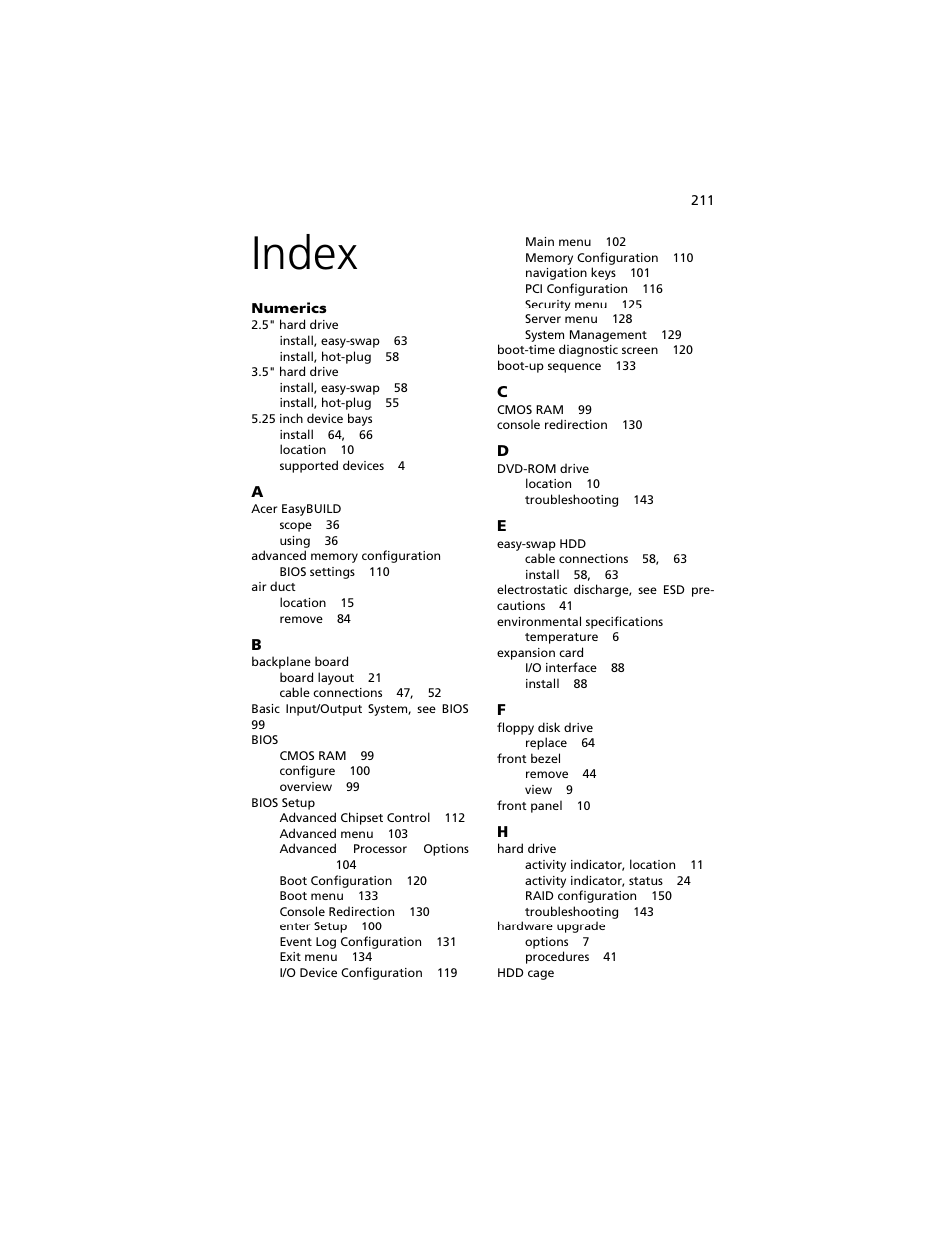 Index, Index 211 | Acer Altos G540 M2 User Manual | Page 219 / 221