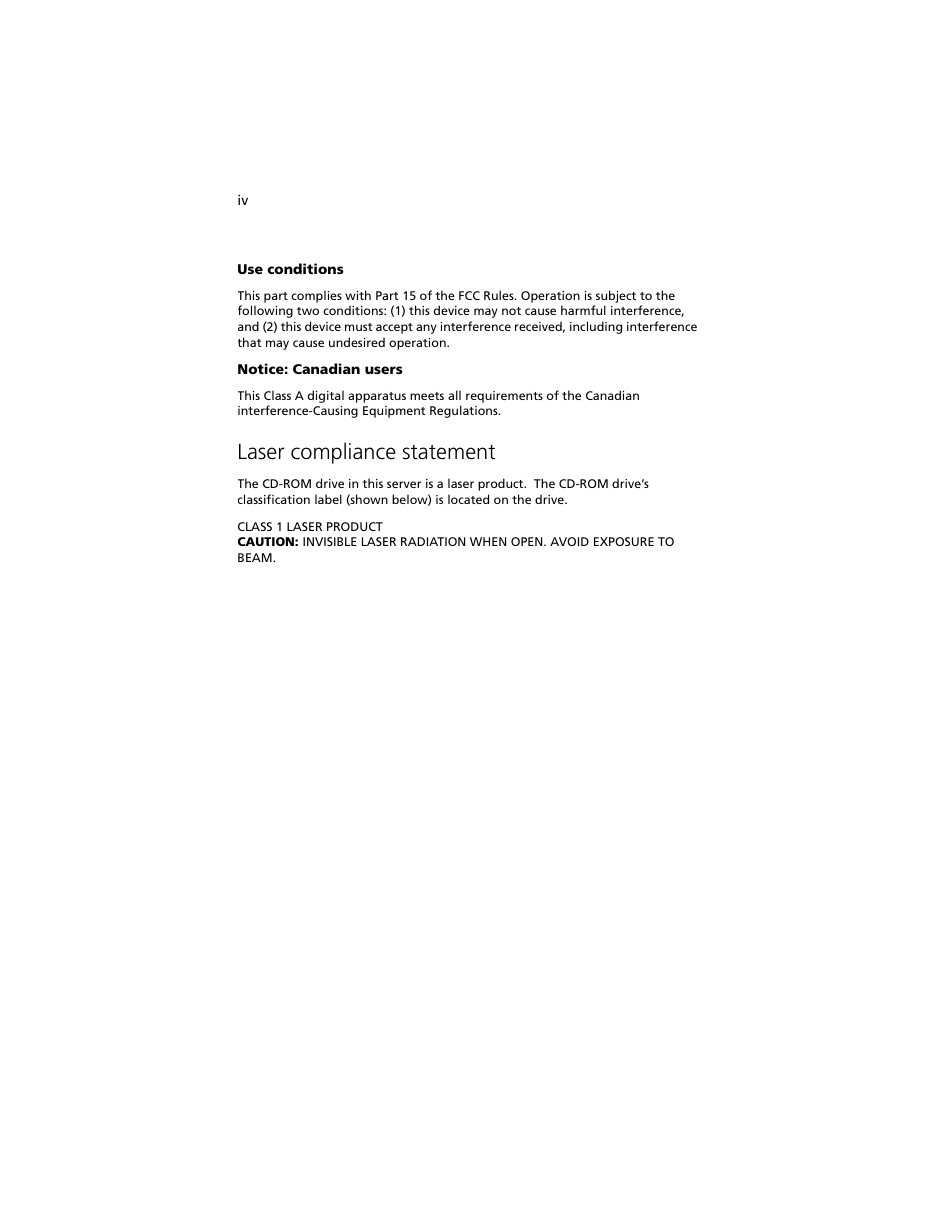 Laser compliance statement | Acer Altos G540 M2 User Manual | Page 4 / 221