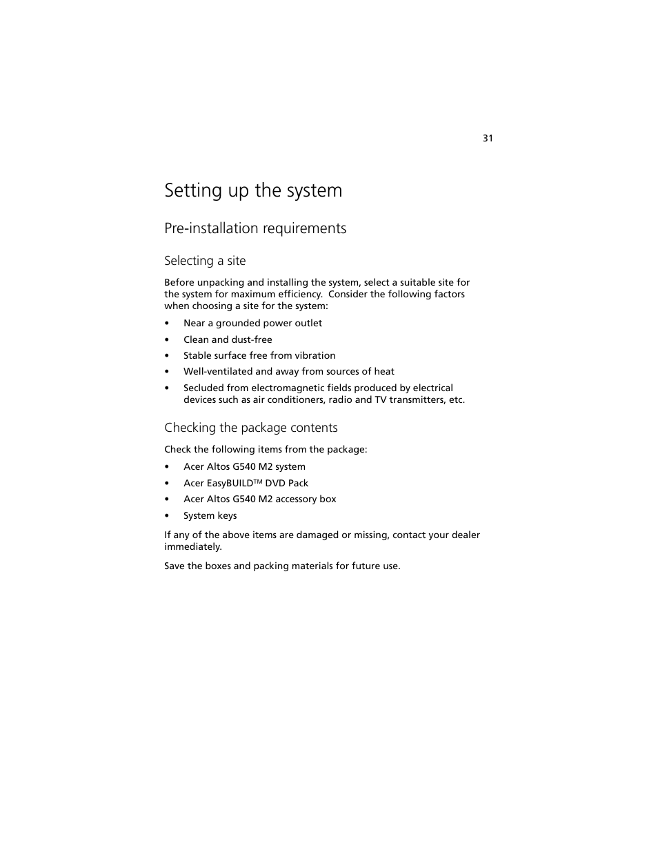 Setting up the system, Pre-installation requirements | Acer Altos G540 M2 User Manual | Page 41 / 221