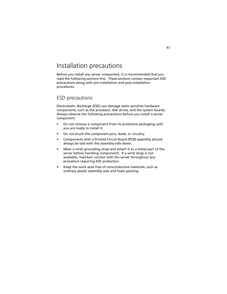 Installation precautions, Esd precautions | Acer Altos G540 M2 User Manual | Page 51 / 221