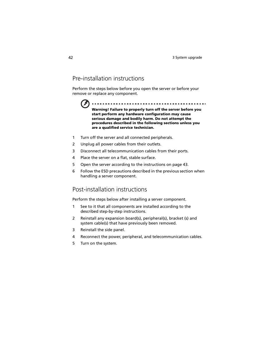 Pre-installation instructions, Post-installation instructions | Acer Altos G540 M2 User Manual | Page 52 / 221