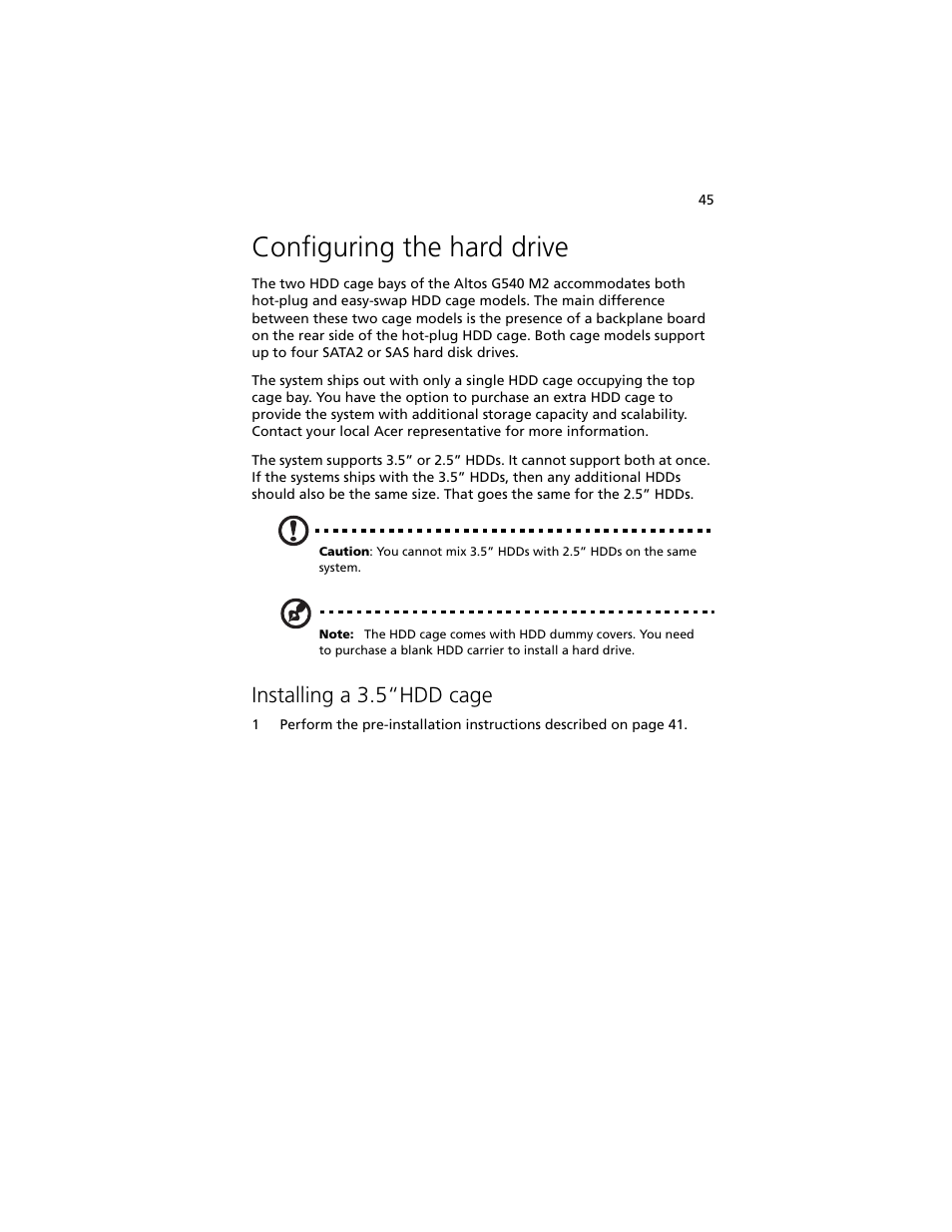 Configuring the hard drive, Installing a 3.5“hdd cage | Acer Altos G540 M2 User Manual | Page 55 / 221