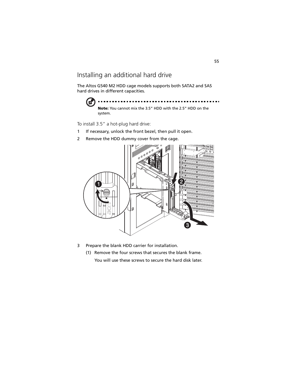 Installing an additional hard drive | Acer Altos G540 M2 User Manual | Page 65 / 221