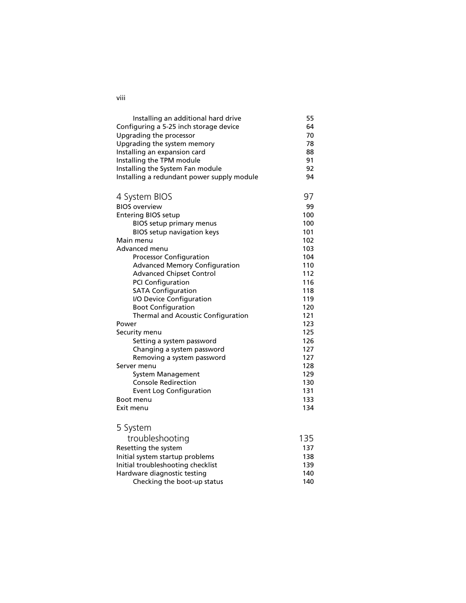 4 system bios 97, 5 system troubleshooting 135 | Acer Altos G540 M2 User Manual | Page 8 / 221