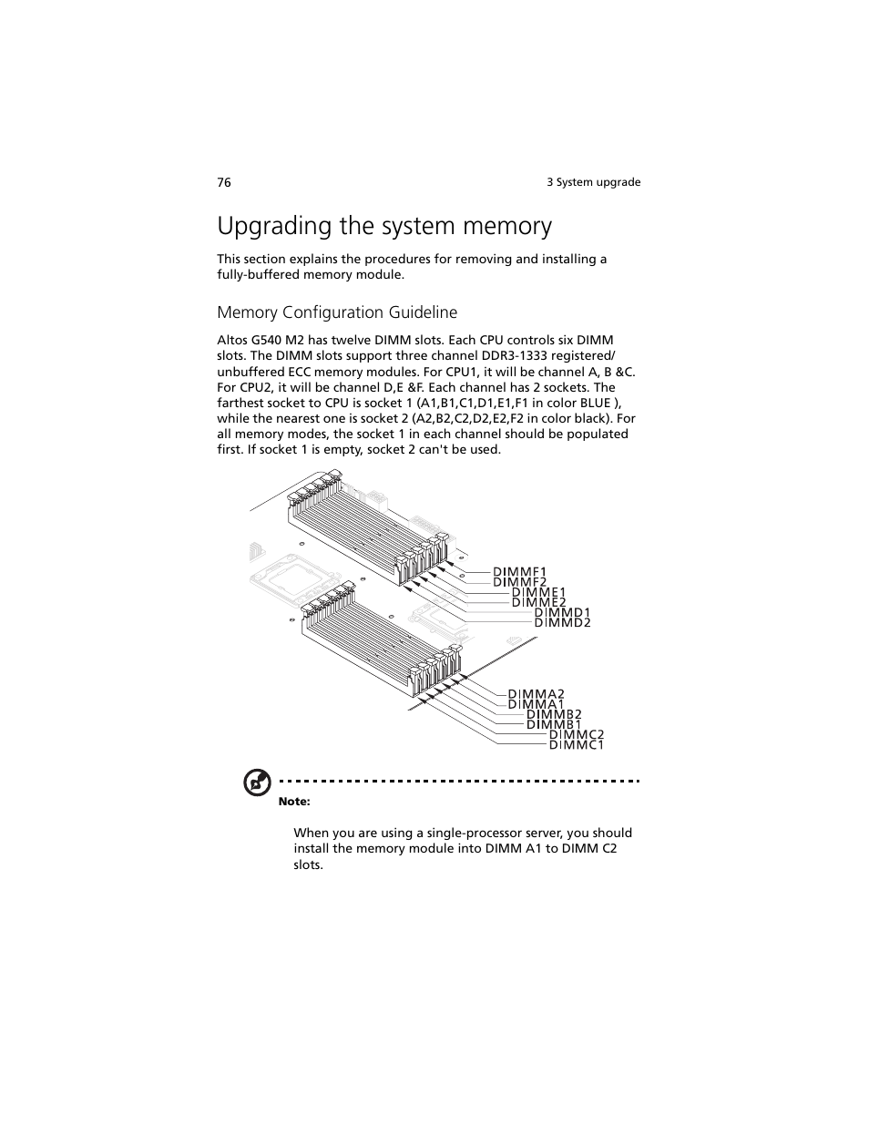 Upgrading the system memory | Acer Altos G540 M2 User Manual | Page 86 / 221