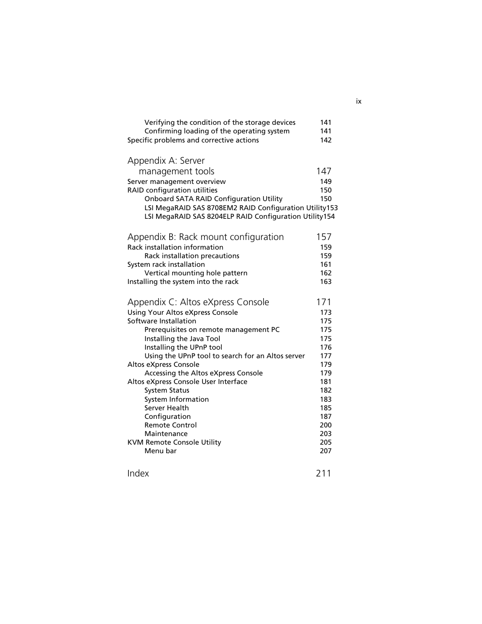 Appendix a: server management tools 147, Appendix b: rack mount configuration 157, Appendix c: altos express console 171 | Index 211 | Acer Altos G540 M2 User Manual | Page 9 / 221
